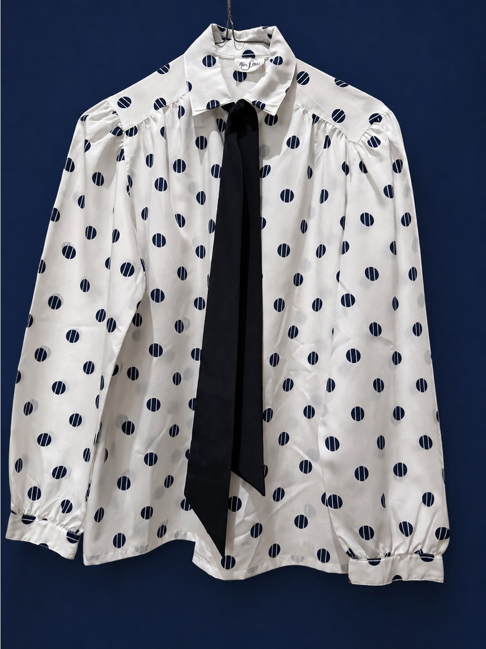Polka Dot Tie-Neck Blouse - White/Navy